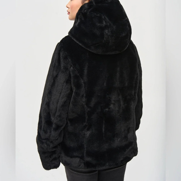 NEW Joseph Ribkoff Sz L Black Reversible Faux Fur Quilted Puffer Coat - Picture 5 of 16